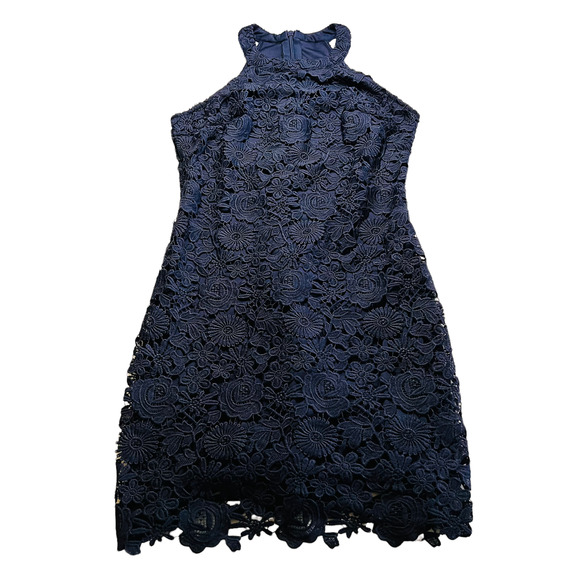Lulus Lace Dress Size Large Love Poem Sheath High Neck  Sleeveless Navy - Picture 8 of 12